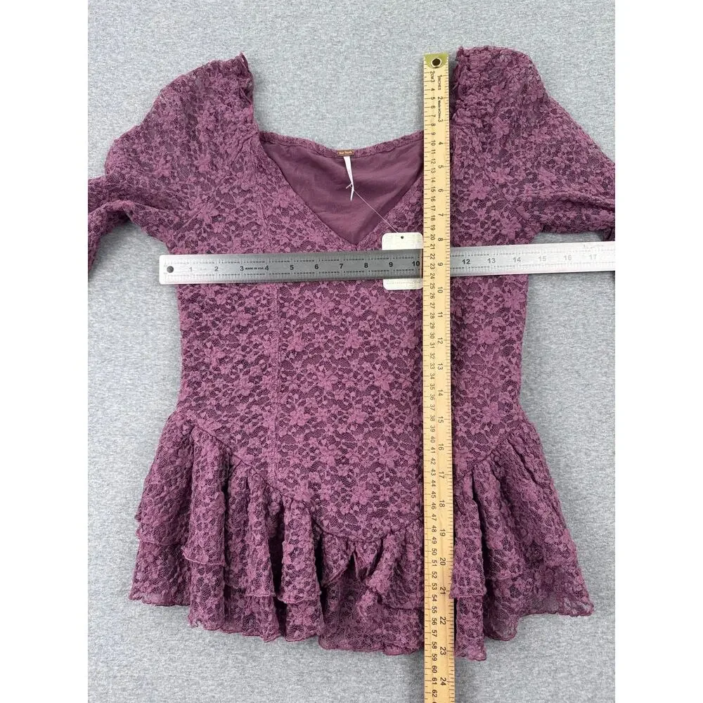 NWT Free People Stella Long Sleeve Top Womens S Tulipwood Purple Lace Ruffle